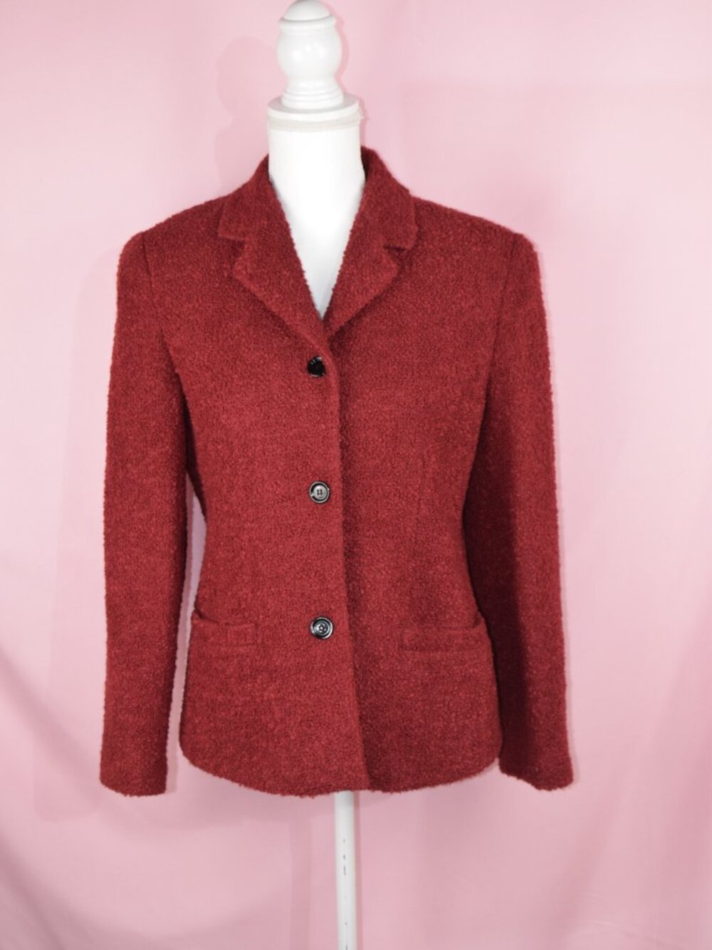 Ann Taylor Red Textured Bouclé Wool Blend 3-Button Blazer Jacket | Size 8